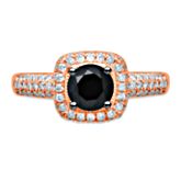10K rose gold ring with 1 round brilliant cut black diamond weighing approximately 1 ct. and 82 round brilliant cut diamonds weighing approximately 1/2 ct. tw.