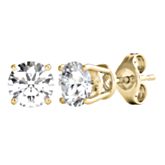 14K yellow gold 4-prong stud earrings with 2 round brilliant cut diamonds weighing approximately 1 1/2 ct. tw.