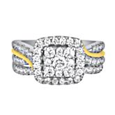 14K white & yellow gold halo engagement ring set with 65 round brilliant cut diamonds weighing approximately 1 1/2 ct. tw.